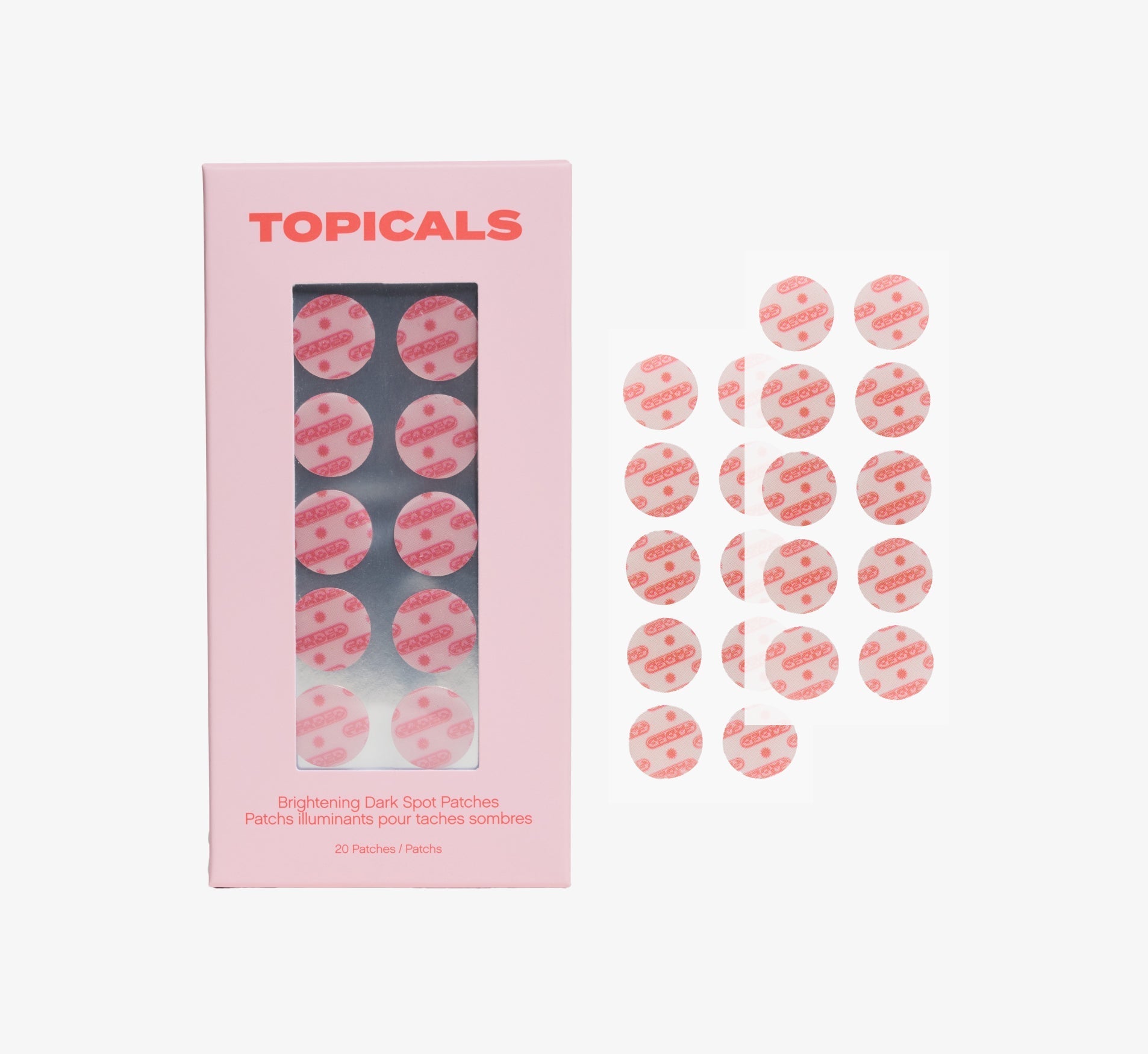 Dark spot remover patches from Topicals Faded showing the pink branded box alongside 20 individual round brightening patches on a white background.